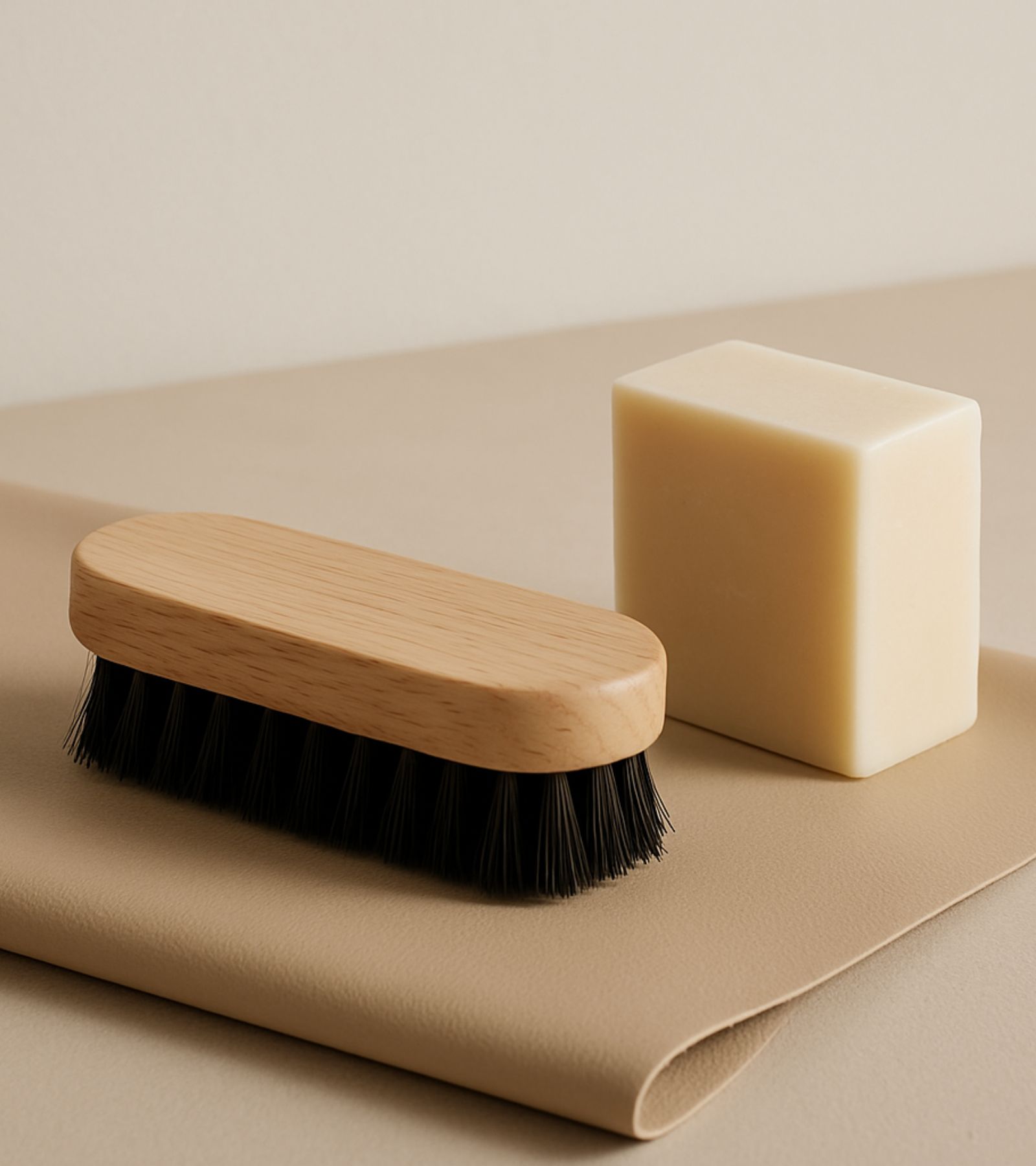 Brosse douce et bloc de savon neutre sur du tissu en rPU.